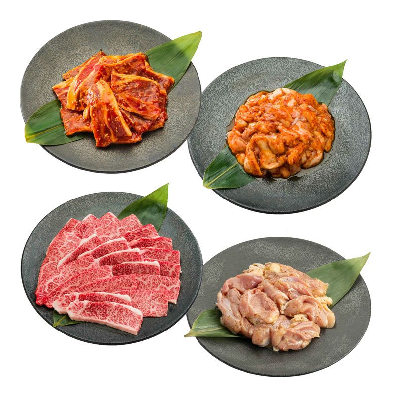 米国産骨付きカルビ ＆ 味付けホソ ＆ いづつ屋牛絹赤焼肉 ＆ 国産若鶏モモバジルソース焼肉用